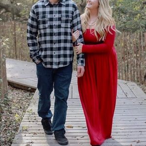 Red, off the shoulder Long sleeved Maxi Dress